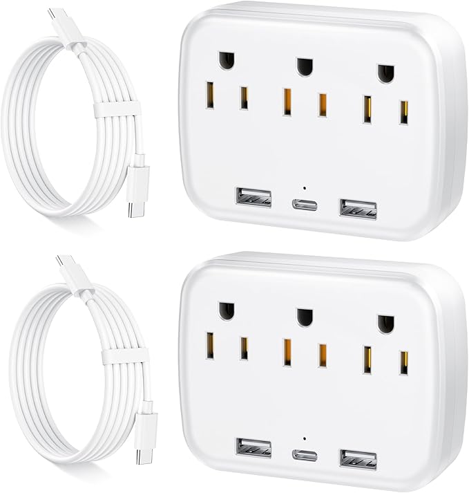 Penemay Multi Plug Wall Outlet Splitter With USB, Multiple Outlet Extender Surge Protector With 3 USB Ports(1 USB C PD20W), Electrical Outlet Adapter Extension for Travel Home Office Dorm 2 Pack White