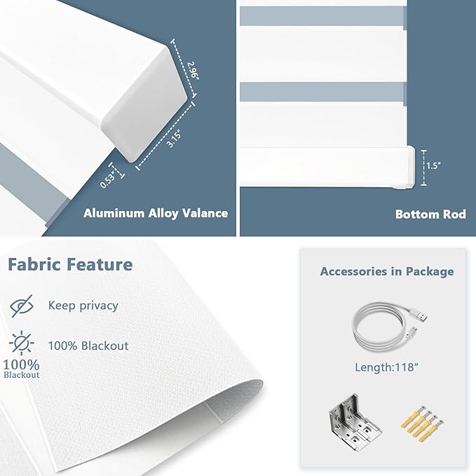 COOLWINDS Motorized Zebra Blinds for Windows Cordless Electric Curtains with Remote Control Blackout Shades Custom Smart Blinds Compatible with Alexa Google Home(Blackout White,W42 X 72in)