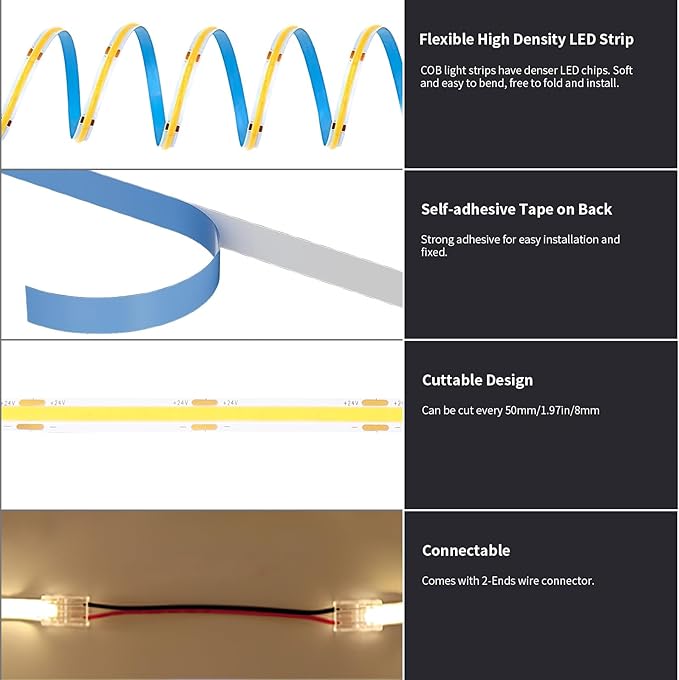 BUNACET COB LED Strip Light 40ft/12m (1 Roll) Cool White 6500K High Lumen CRI 90+ with UL Listed Power Adapter RF Remote for Bedroom Counter Under Cabinet Kitchen Projects