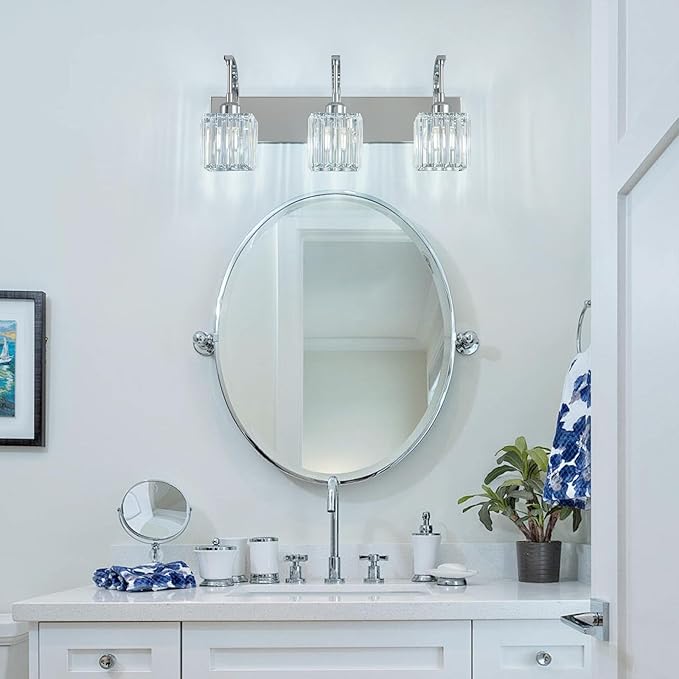 FDPBY Crystal Vanity Lights 3-Light Chrome Bathroom Vanity Lights Modern Crystal Bathroom Light Fixtures Over Mirror 23.62" Long Vanity Light for Bathroom