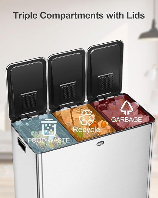 Garvee Trash Can, 15.9 gal Triple Compartments (3X20 L) Stainless Steel Kitchen Trash Can for Recycling, 5+5+5 gal Plastic Inner Buckets, Quiet Close, Brushed, Airtight, Silver