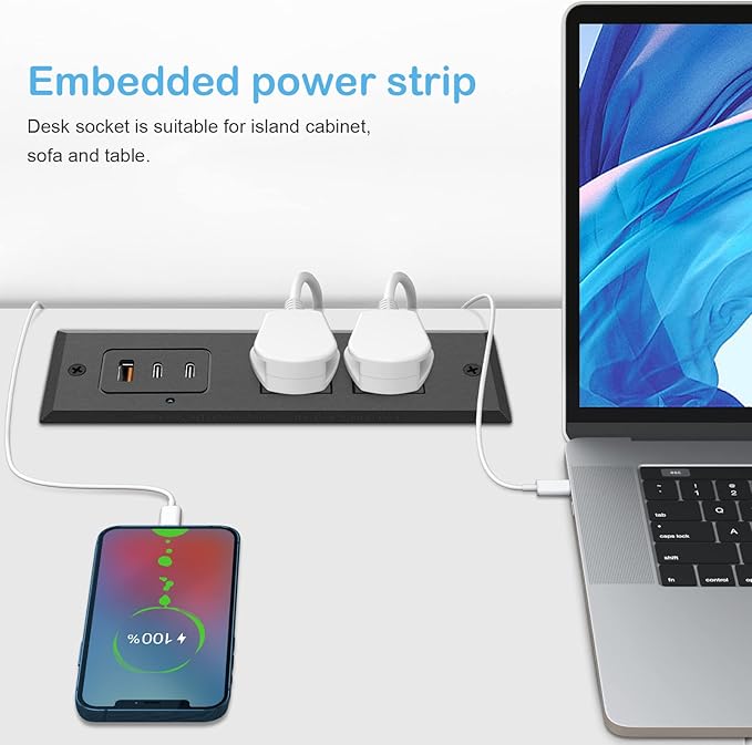 CCCEI Recessed Power Strip with 45W USB-C Ports, Fast Charging USB A Port Desk Outlet, Black Furniture Hidden Charging Station for Side Table, End Table, with 10FT 45 Degree Flat Plug Extension Cord.
