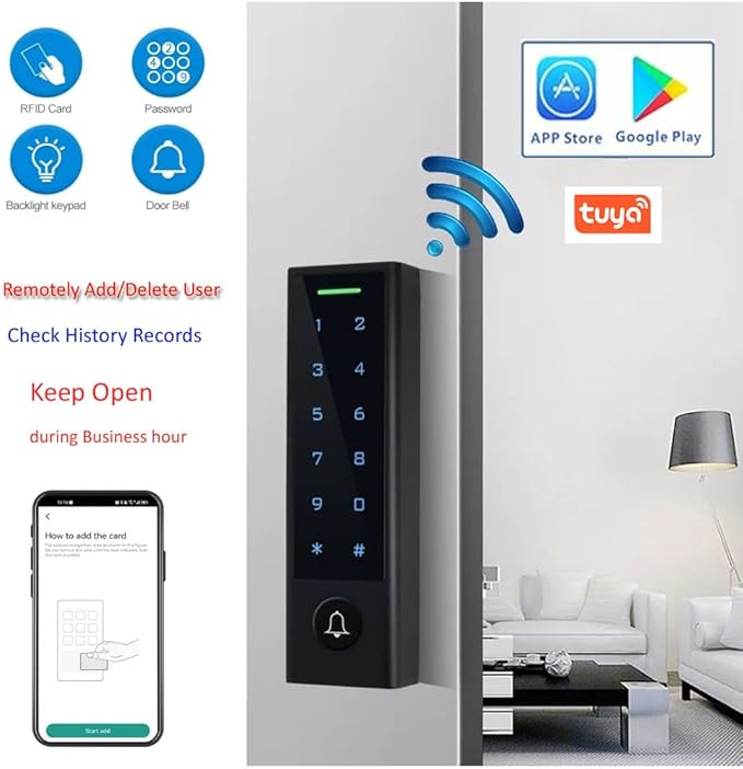 MENGQI-CONTROL WiFi Remote Manage IP66 Watreproof Access Control Keypad 600lbs Magnetic Lock Request to Exit PIR Motion Sensor Smart Phone App Remote ADD/Delete User