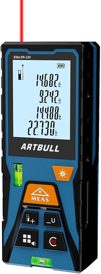 Laser Distance Meter 393ft – Digital Laser Measuring Tool with LCD Backlit Display, Area Volume Pythagorean, ±2mm Accuracy, Class II, Electronic Tape Measure for DIY Construction – AAA Battery Powered