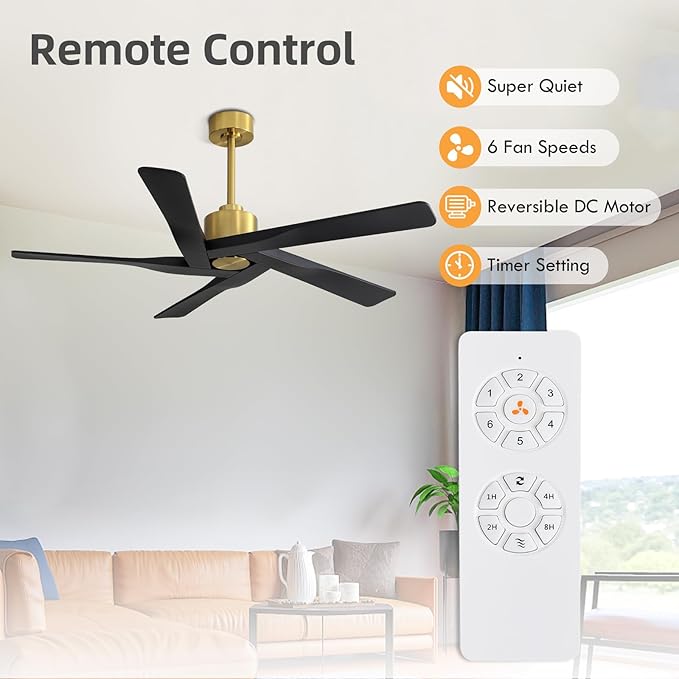 WINGBO 64" ABS DC Ceiling Fan No Light, 5 Blade ABS Plastic Ceiling Fan with Remote, 6-Speed Reversible DC Motor, Ceiling Fans without Light for Kitchen Bedroom Living Room, Brass and Matte Black