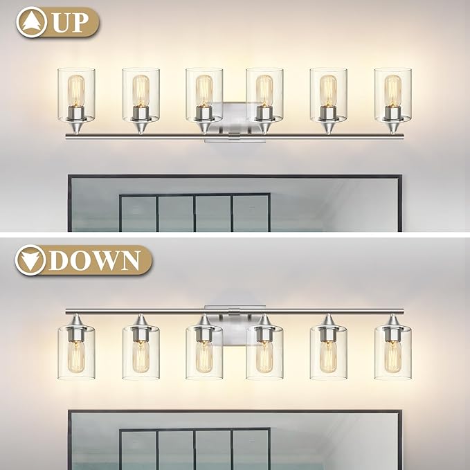 XPEHK 6-Light Bathroom Lighting Fixtures Over Mirror,Brushed Nickel Light Fixture Bathroom,Vanity Light with Clear Glass Shade,Modern Wall Lights for Mirror Bedroom Living Hallway