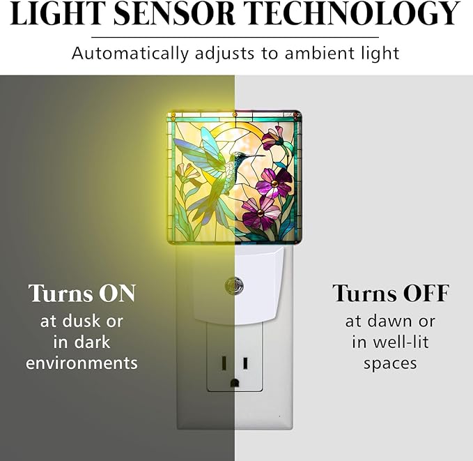 PODMemory Hummingbird Stained Glass Night Lights Plug into Wall for Room, Hummingbird Night Light LED for Bedroom