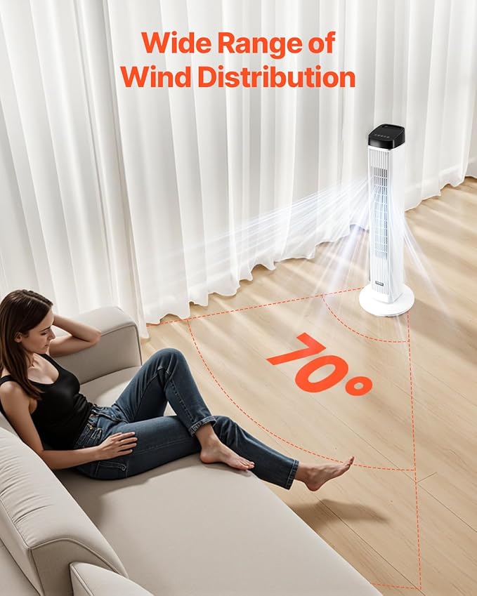 VEVOR Tower Fan, 22 ft/s Velocity Quiet Floor Fan, 70° Oscillating Fans for Indoors with 3 Speeds, 4 Modes, 12H Timer, Portable Standing Bladeless Fan with Remote Control for Bedroom, Office, Home