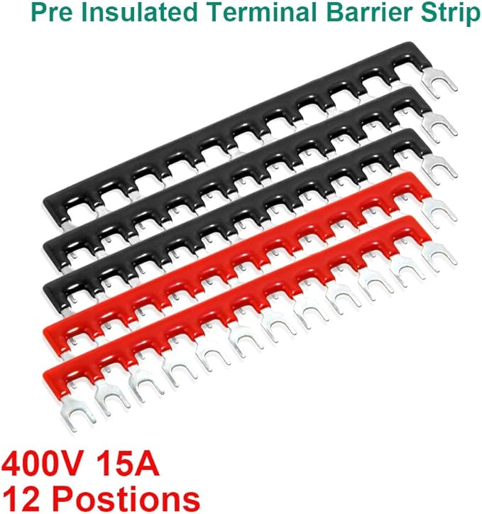 MILAPEAK 10pcs (5 Sets) 12 Positions Dual Row 600V 15A Screw Terminal Strip Blocks with Cover + 400V 15A 12 Positions Pre-Insulated Terminals Barrier Strip (Black & Red)