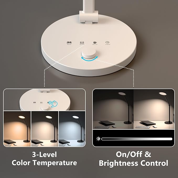 ANNAITE LED Desk Lamp for Home Office, Eye-Caring Modern Desk Light, 3 Color Temperature 10 Brightness Computer Light, Dimmable Desk Light with Memory & Timer Func, Metal Swing Arm Table Lamp (White)