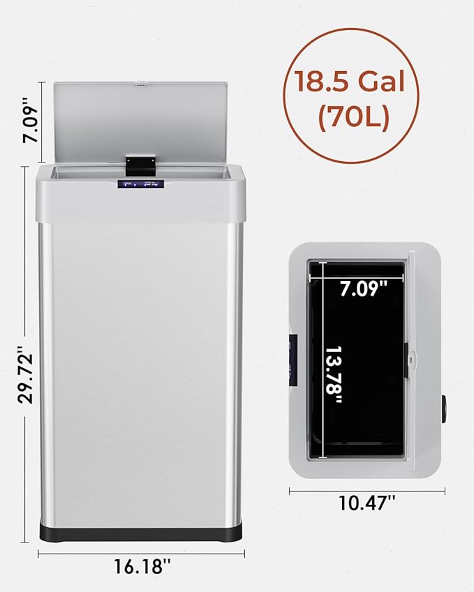 TLSUNNY 18.5 Gallon Motion Sensor Trash Can,Touchless Automatic Garbage Can,Brushed Stainless Steel Smart Bin,with Bag Holder,Soft Close Lid,for Kitchen,Office,RV,Bedroom,Living Room (Silver, 70L)