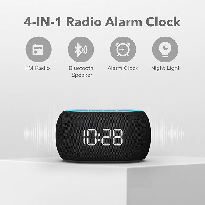 ANJANK Alarm Clock FM Radio with Bluetooth Speaker, Hi-Fi Stereo Sound, 7 Clolors Night Light, 0-100% Dimmer,8 Wake Up Sounds,16-Level Volume, Small Digital Clock with Sleep Timer for Bedroom Bedside