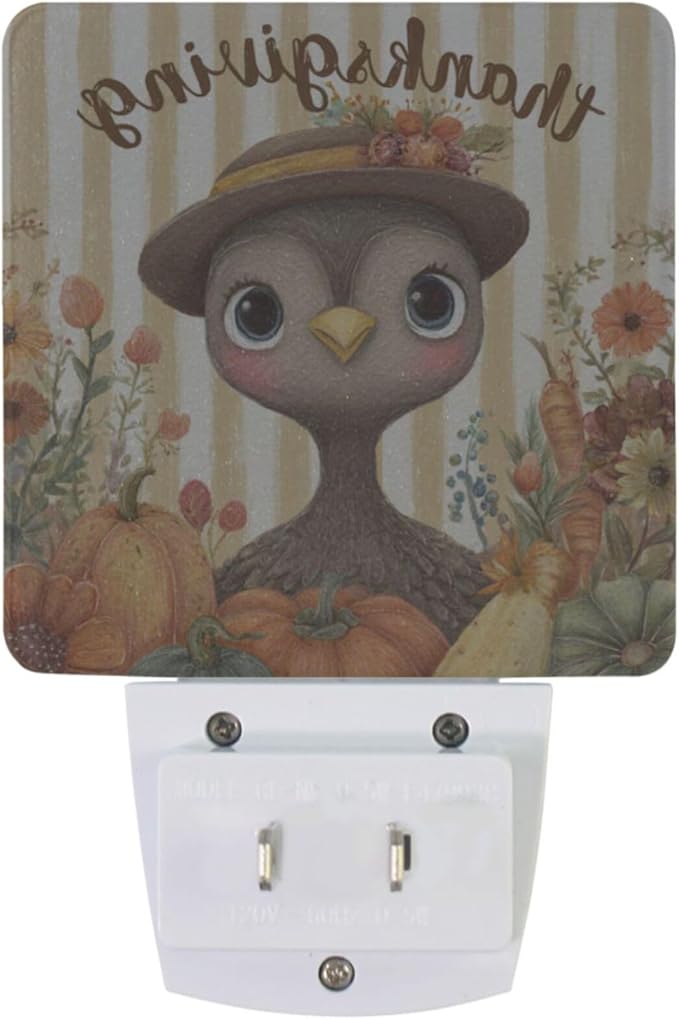 Pigsaly Led Night Light Thanksgiving Cute Turkey Autumn Pumpkins Carrots Wildflowers Night Light Plug in Wall Lamp Smart Dusk to Dawn Sensor Nightlight Led Lamp Energy Saving Lights Gift for Kids Ro