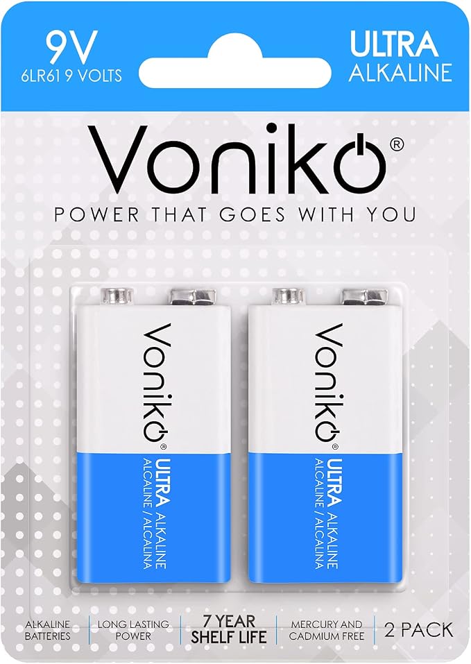 Voniko 2-Pack 9V Batteries, Long-Lasting 9 Volt Battery by Voniko