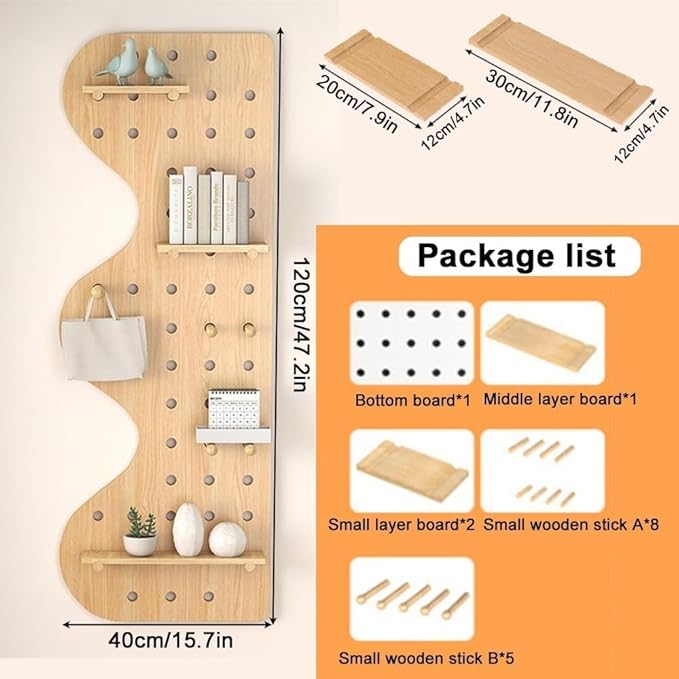 Natural Wooden Wall Organizer - Versatile Hanging Display Panel for Home, Office, Kitchen, Entryway - 15.7"x47.2" Perforated Storage Solution