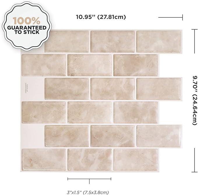SMART TILES Peel and Stick Backsplash - Sheets of 10.95" x 9.70" - 3D Adhesive Peel and Stick Tile Backsplash for Kitchen, Bathroom, Wall Tile (Beige, Marble, Pack of 10)