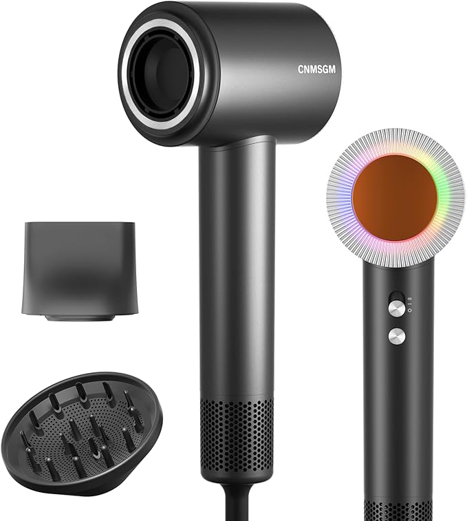 Hair Dryer, High Speed Ionic Blow Dryer, 5X-Fast Drying, 2 Billion Negative Ions, Low Noise,160000 RPM, Compact Blow Dryer with Magnetic Diffuser for Faster Drying All Hair Types(Black Gray)