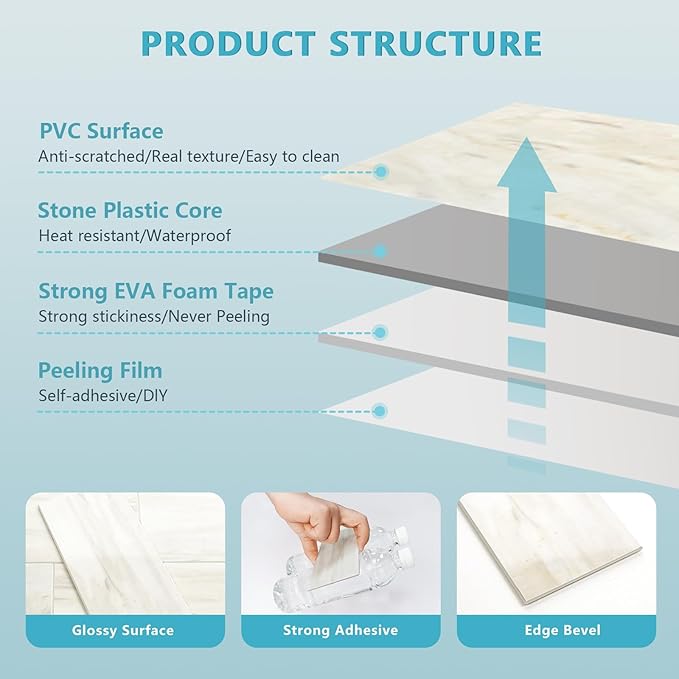 Vamos Tile 4-Piece Glossy Wooden Marble Grain Peel and Stick Backsplash Tile,3''x6'' PVC Subway Tile with White Grout, Stick on Backsplash for Kitchen/Bathroom/Fireplace