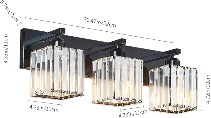 FDPBY Modern Bathroom Vanity Light 3-Lights Plating Black Crystal Bathroom Wall Light Vanity Light Fixtures