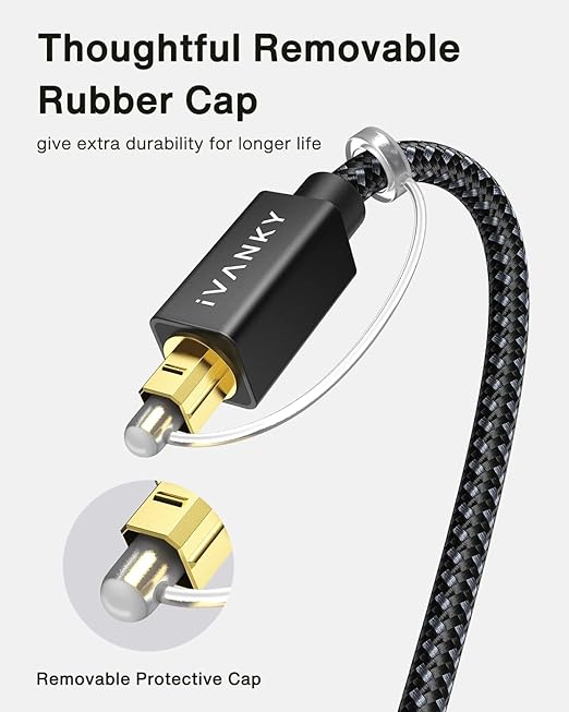 IVANKY Optical Audio Cable 10ft/3M, Nylon Braided, 24K Gold-Plated, Slim Metal Case, CL3 Rated, S/PDIF Digital Audio Fiber Optic Cable for Home Theater, Sound Bar, TV, PS4, Xbox, Samsung, Vizio