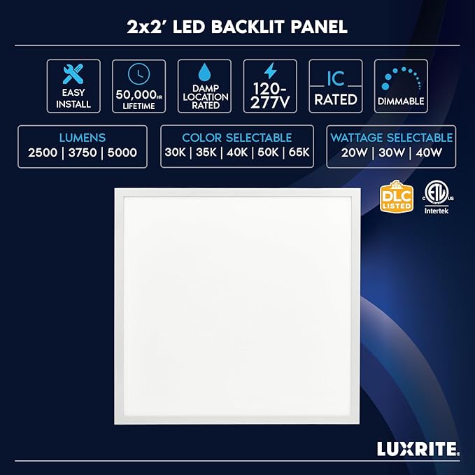 LUXRITE 2x2 FT LED Flat Panel Light, 5CCT Color Selectable 3000K 3500K 4000K 5000K 6500K, Wattage Selectable 20W/30W/40W, 5000 Lumens, LED Drop Ceiling Lights, 0-10V Dimmable, DLC & ETL (16 Pack)