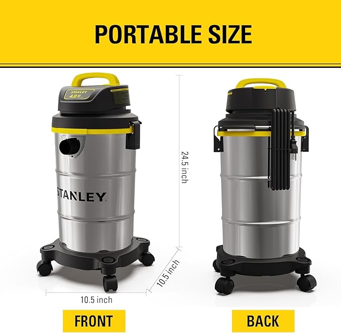 STANLEY Wet Dry Vacuum 5 Gallon with 4 HP Powerful Motor Suction,Stainless Steel Shop Vacuum Portable Wet Dry Vac for Jobsite, Workshop, Garage, Basement SL18130