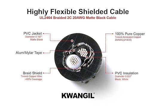 KWANGIL 2C 20AWG AMSB Shielded Cable Wire (UL2464) - Highly Flexible Str TC, PVC Ins, OS+TC BRD, PVC JKT for CNC Machine, Stepper Motor, VFD Spindle (Matte Black 25FT)