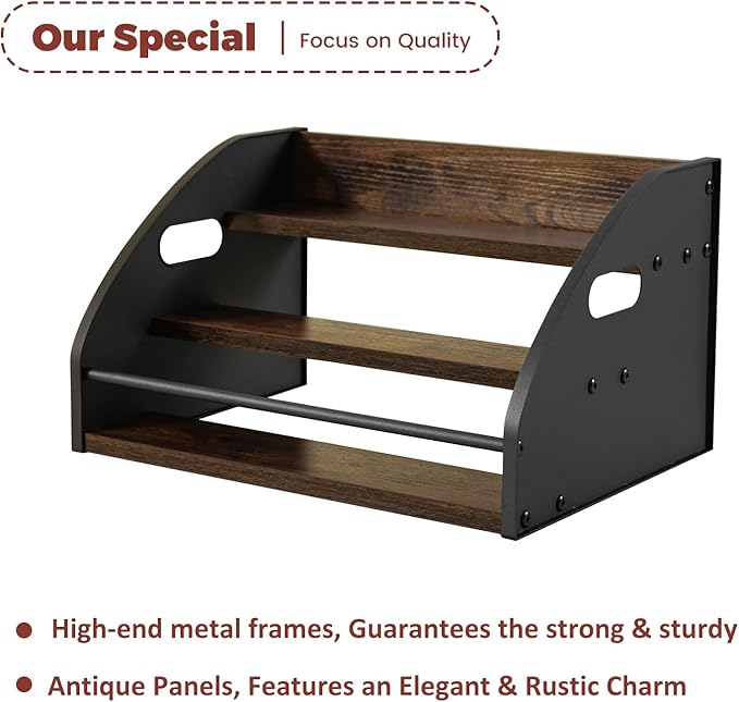 STAEVER 3-Tier Liquor Bottle Display Shelf, Exquisite Metal Design, Extra Large Bar Organizer for The Home Bar, Countertop Wine Rack with Smooth Handles, Retro Bar Shelf Stand for Whiskey, Spirits
