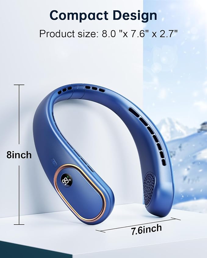 SHEWIND Portable Neck Fan - Hands Free Personal Fan, Rechargeable Bladeless Fan with 5000mAh-Battery, Digital Display, 4 Speeds, Birthday Gifts for Men, Women, Mom, and Dad - Blue