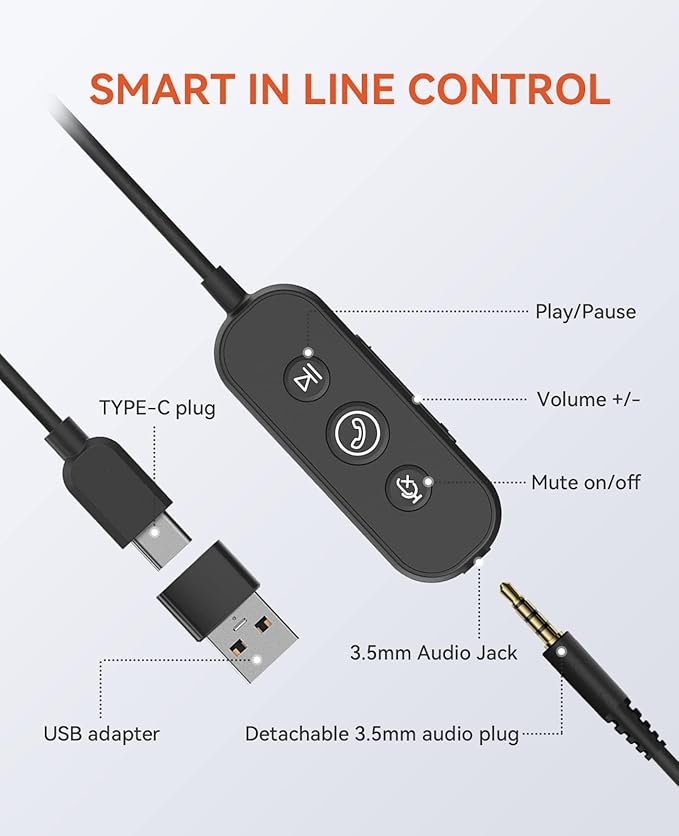 NUROUM HP11DU Wired Headset, Dual-Ear (Stereo) Headphones with Noise Canceling Microphone, On Ear Computer Headset with in-line Control, USB/Type-C, PC Headset for Home Office Online Class Skype Zoom