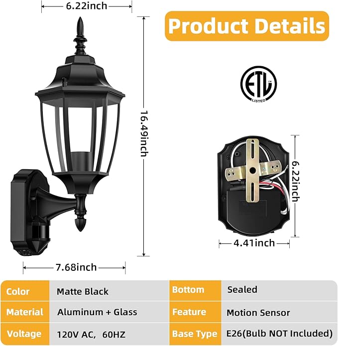 Lamomo Motion Sensor Outdoor Lights, Dusk to Dawn Outdoor Lighting, Exterior Aluminum Waterproof Porch Lights for Patio Front Door Garage（1 Pack