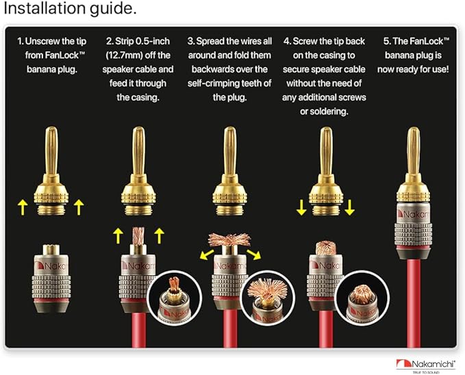 Nakamichi FanLock Excel Series 24k Gold Plated Banana Plugs 10 AWG - 18 AWG Gauge Size 4mm for Speakers Amplifier Hi-Fi Stereo Home Theatre Radio Audio Wire Cable Quick Connector, 10 Pcs (5-Pairs)
