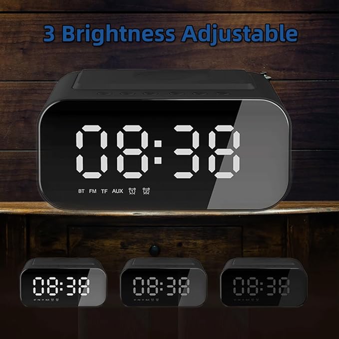 IHAO 7in1 Multifunctional Digital Alarm Clock with 15W Fast Wireless Charger Bluetooth Speaker LED Display Clock FM Radio TF Card, AUX Input, USB Port Dual Alarm for Bedroom and Office-BT510 White