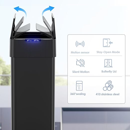 TLSUNNY 18.5 Gallon Automatic Trash Can, Stainless Steel Motion Sensor Garbage bin, Smart Trash Can W/Butterfly Lid, Bag Retainer Ring and Display Light for Living Room,Kitchen,Office (Black, 70L)