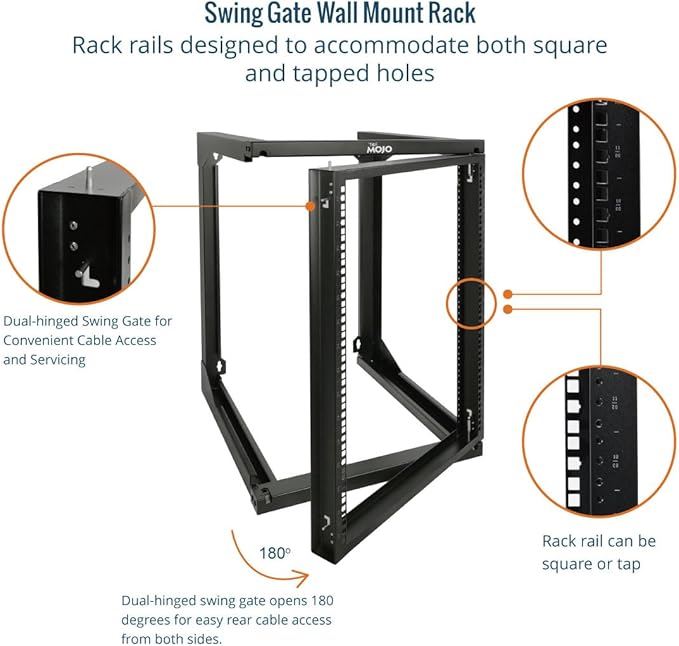 Tecmojo 15U Wall Mount Server Rack, Open Frame Network Rack for 19" Computer/AV/Data/IT/Media Equipment, 24" Depth, 16" Apart Mounting Holes, Swing Gate, Square and Tapped Holes