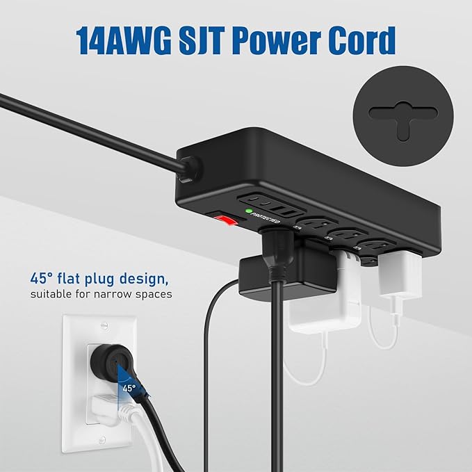 Heavy Duty Power Strip with USB,8 Outlet Workshop Metal Power Strip,PD20W USB C 15A 1200 Joules Surge Protection,Wide Spaced,6FT Cord
