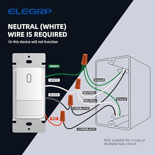 ELEGRP Matte White Single Pole Occupancy Motion Sensor Light Switch, Need Neutral Wire, 120° Sensor Coverage PIR Infrared Motion Activated, for CFL/LED/MLV/INC/HAL/Fan, UL,10 Pack