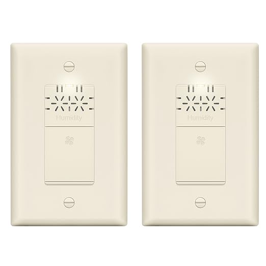 LIDER No Neutral Wire Required Humidity Sensor Switch, Automatic Humidity Control, Air Circulator, Adjustable Timing, 1-Pole, UL Listed, Light Almond, Wall Plate Included 2 Pack