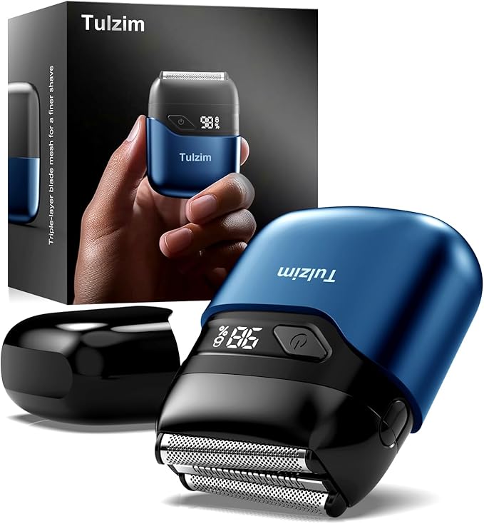 Tulzim Electric Foil Shaver for Men: Portable Electric Razor for Beard/Face, 3 Floating Blade LED Display USB-C Fast Rechargeable, IPX7 Waterproof for Travel & Home,Light Blue