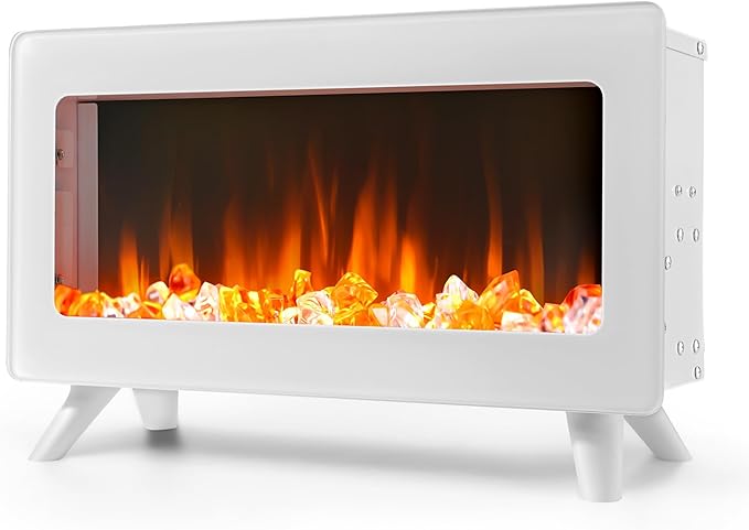 FLAME&SHADE 16 in Small Electric Fireplace Heater - Desk Space Heater with Realistic LED 3D Flames, Freestanding Fire Places Stove, 750 | 1500w, Overheating Protection (White)