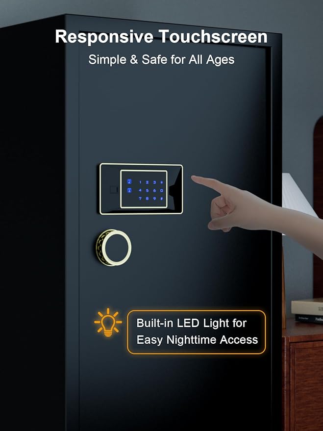 TIGERKING 7.2 Cu Ft Large Home Security Safe – Solid Steel Jewelry Cabinet, Touchscreen Keypad, Adjustable Shelves, Easy to Use, Anti-Theft Protection, Perfect for Families (Black, Classic Style)