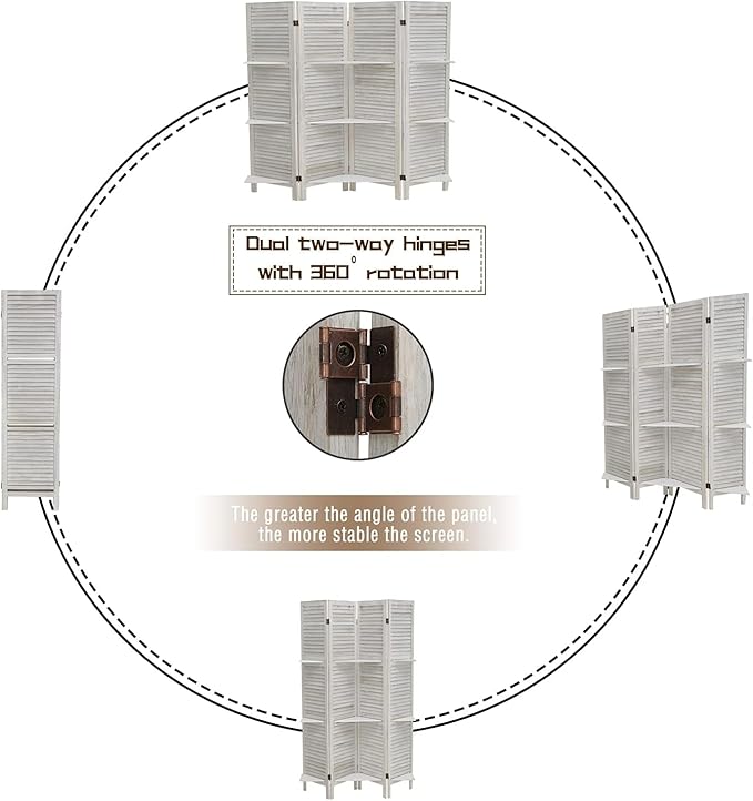 4 Panel Room Divider with Shelves, Room Dividers and Folding Privacy Screens, Folding Room Dividers 4 Panel, White Room Divider with 3 Display Shelves for Home Office (White)