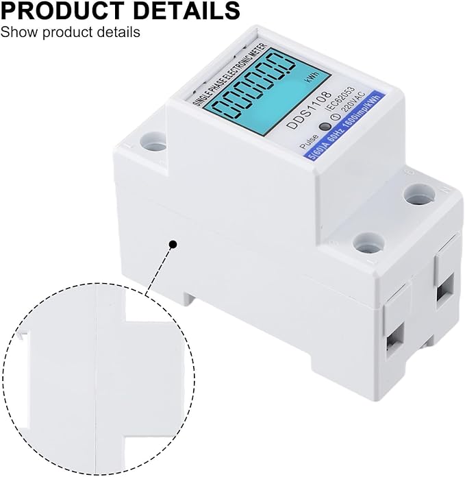 Digital Energy Meter LCD Display 50A 60A Single Phase Power Monitor Electric Consumption Meter with Backlight LED Pulse Indicator for Industrial Commercial Use(With backlight)
