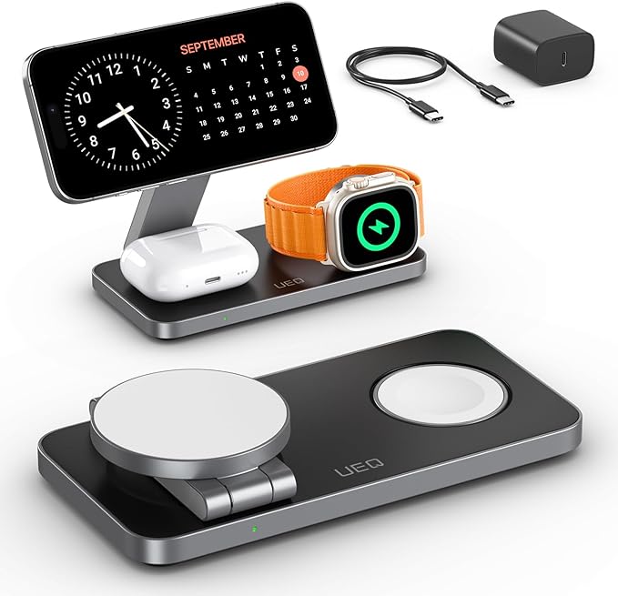 UEQ Foldable 3 in 1 Wireless Charging Station for Apple Compatible with Magsafe Charger Stand,Magnetic Wireless Charger Station for iPhone 17 Air16 15 14 13 12 Series,Airpods Pro,Apple Watch(Black)