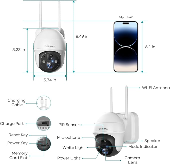 ZUMIMALL Solar Security Cameras Wireless Outdoor, 360° View Outdoor Camera Wireless Solar Powered,2.4G WiFi，2K/3MP Color Night Vision,2-Way Talk, PIR Motion Alert, Cloud Storage, Work with Alexa