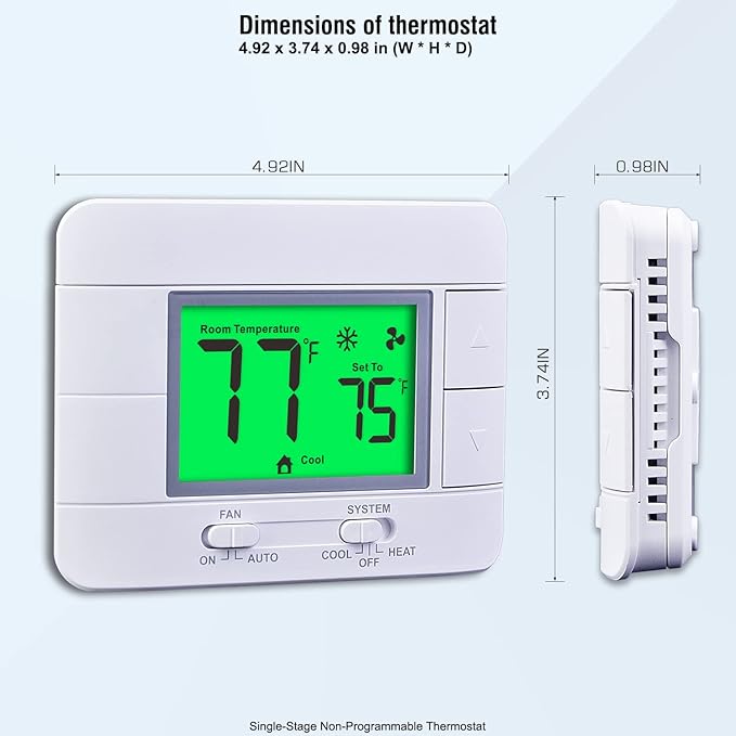 Upgraded Non Programmable Thermostats for Home 1 Heat/1 Cool Single Stage System, with Temperature & Humidity Monitor and Large Green LCD