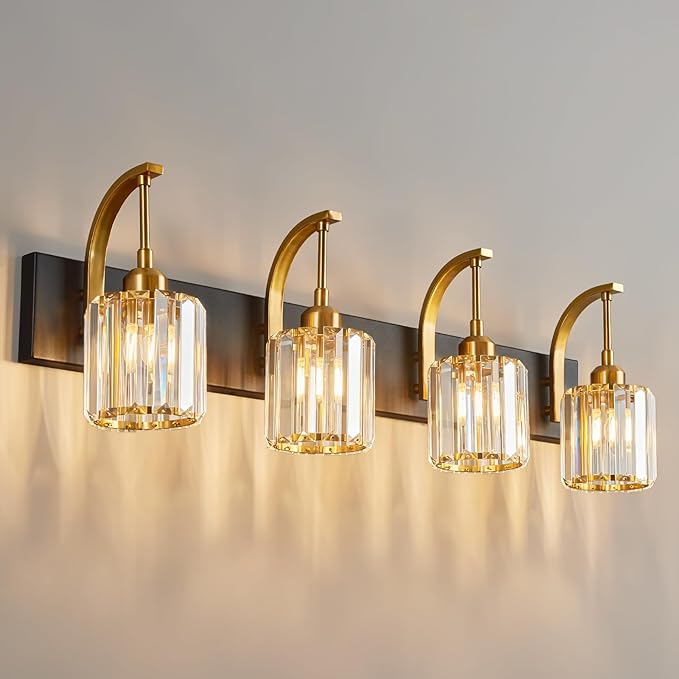 FDPBY 4-Light Crystal Vanity Light, Modern Black Gold Bathroom Wall Sconce with K9 Crystal Shades, 32.67" Long Over Mirror Lighting for Vanity, Makeup, Hallway, Elegant & Easy Install