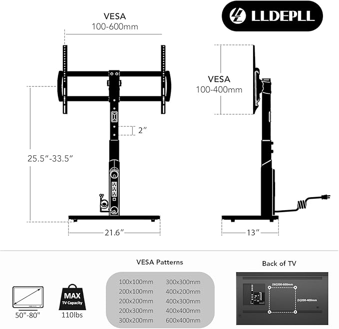 LLDEPLL Universal TV Stand Tabletop TV Mount with Power Outlet for 50-90 Inch OLED LED Monitors, 9 Levels Height Adjustment, Ambient Lighting on The Bottom Holds up to 150lbs, White Max Vesa 600x400mm