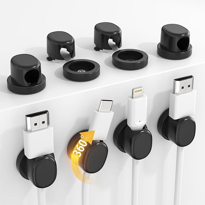 TIKIWIK Rotatable Cord Holder, Snap-Lock Cable Clips, 8 Pack Adhesive Cord Organizer, Phone Charger Wire Organizer Keeper for Nightstand Car Kitchen Office Accessory,Black