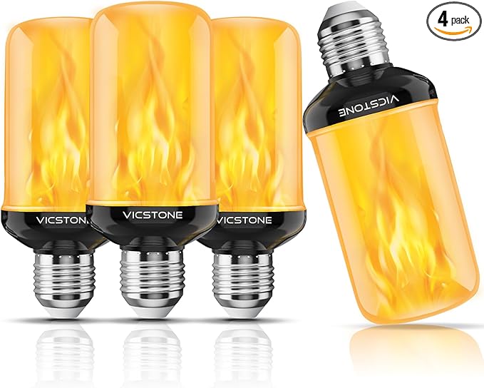 Vicstone Upgraded LED Flame Light Bulbs Christmas Decorations, 4-Mode Flickering Light Bulbs with Upside Down Effect, E26 27 Fire Light Bulb for Porch Party Patio Home Halloween Indoor Outdoor, 4 Pack